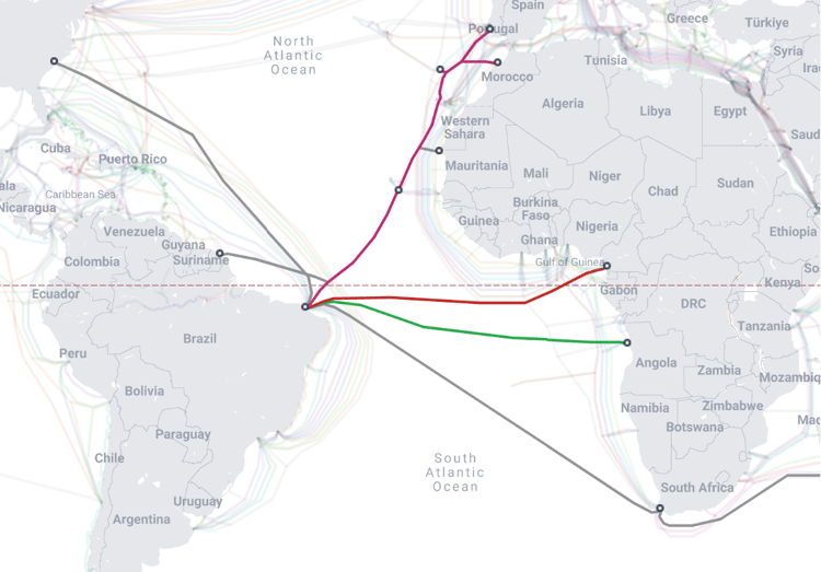 Map of existing and planned submarine cable systems connecting Brazil to Africa and Europe. Source: submarinecablemap.com
